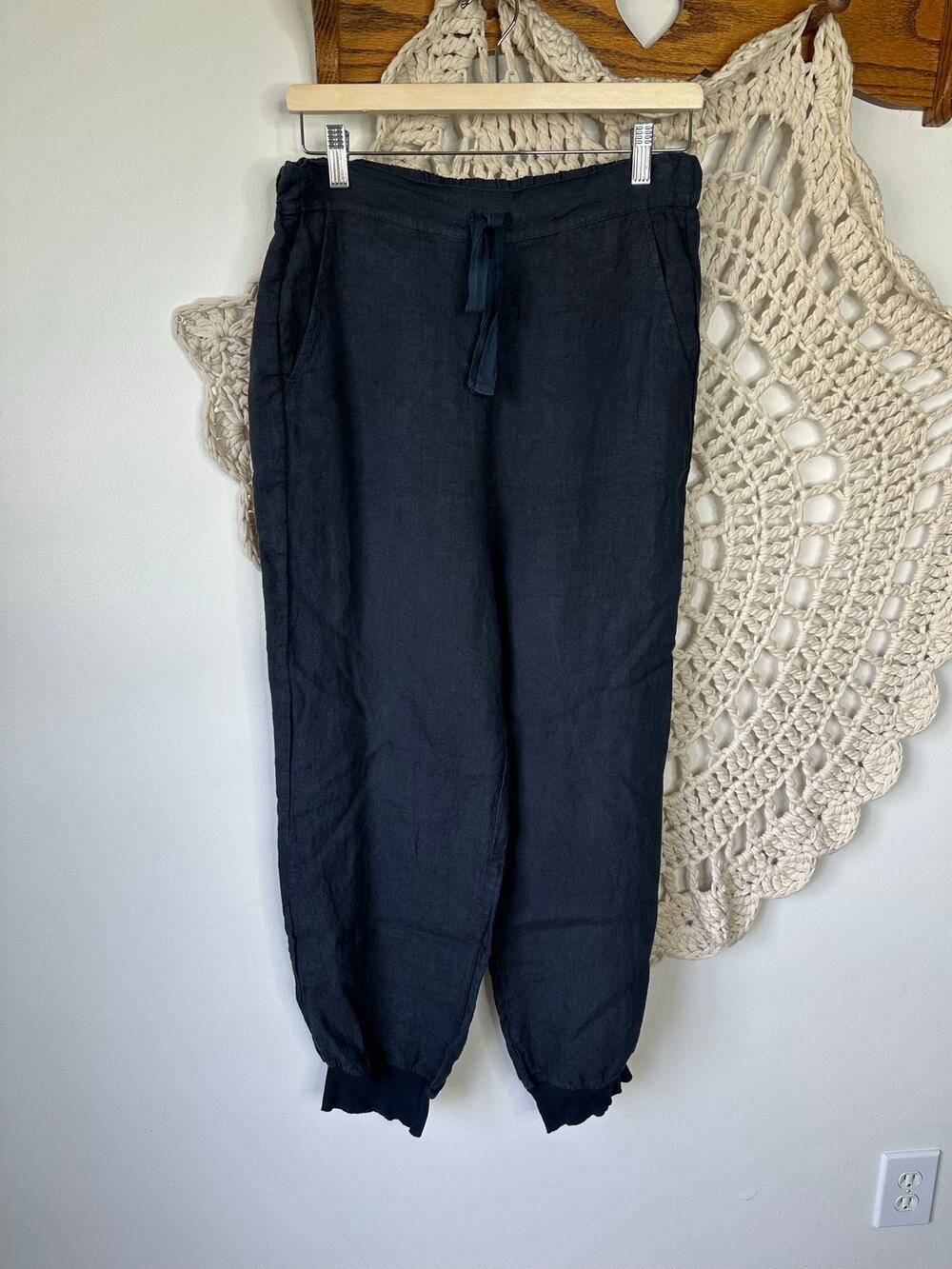 Aequamente Linen Lagenlook Navy Blue Jogger Pants Size Small